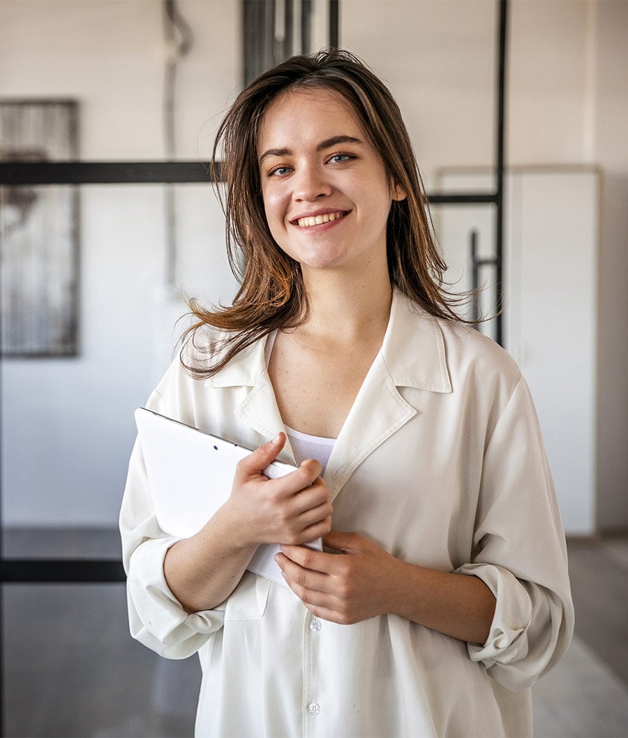 smiley-female-office-working-tablet